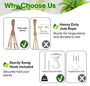 2PACK 43 Inches Macrame Planter Hanger Large for up to 12 Inch Pot + Swag Hook | Extra Long, No Tassel, Jute Rope | Hanging Planter for Indoor Plants, No Pot/Plant Included (Brown)