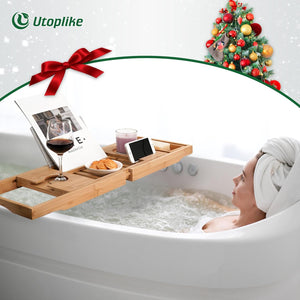 Bamboo Bathtub Caddy Tray Bath Tray for Tub, Adjustable Bathroom Bathtub Organizer with Book Tablet Wine Glass Cup Towel Holder