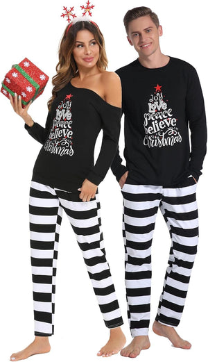 Christmas Couple Pajamasmatching Sets Adults Long Sleeve Set Xmas Striped Pajamas Men Women Plaid Pjs Sleepwear