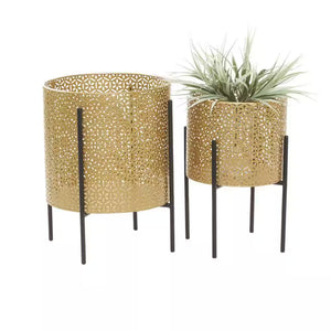 15 In., and 14 In. Medium Gold Metal Indoor Outdoor Planter with Removable Stand (2- Pack)