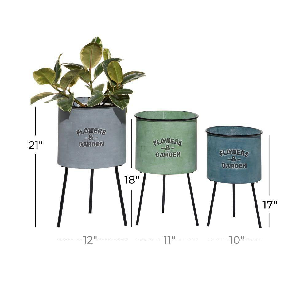 20 In., 18 In., and 16 In. Large Multi Colored Metal Indoor Outdoor Planter with Flowers and Garden Text (3- Pack)