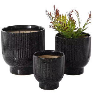 9 In., 8 In. and 6 In. Small Black Ceramic Speckled Planter with Linear Grooves and Tapered Bases (3-Pack)