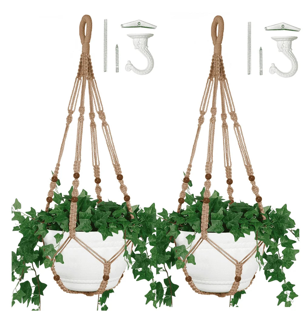 2PACK 43 Inches Macrame Planter Hanger Large for up to 12 Inch Pot + Swag Hook | Extra Long, No Tassel, Jute Rope | Hanging Planter for Indoor Plants, No Pot/Plant Included (Brown)
