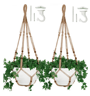 2PACK 43 Inches Macrame Planter Hanger Large for up to 12 Inch Pot + Swag Hook | Extra Long, No Tassel, Jute Rope | Hanging Planter for Indoor Plants, No Pot/Plant Included (Brown)