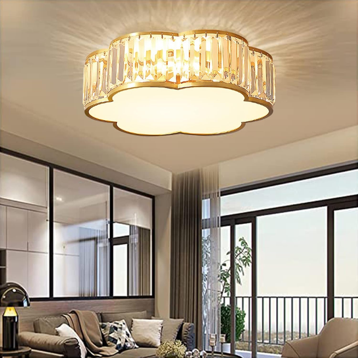 Crystal Ceiling Light with Dimmable LED, Flower Flush Mount Lighting for Bedroom, Living Room, Hallway (3000K-6000K)