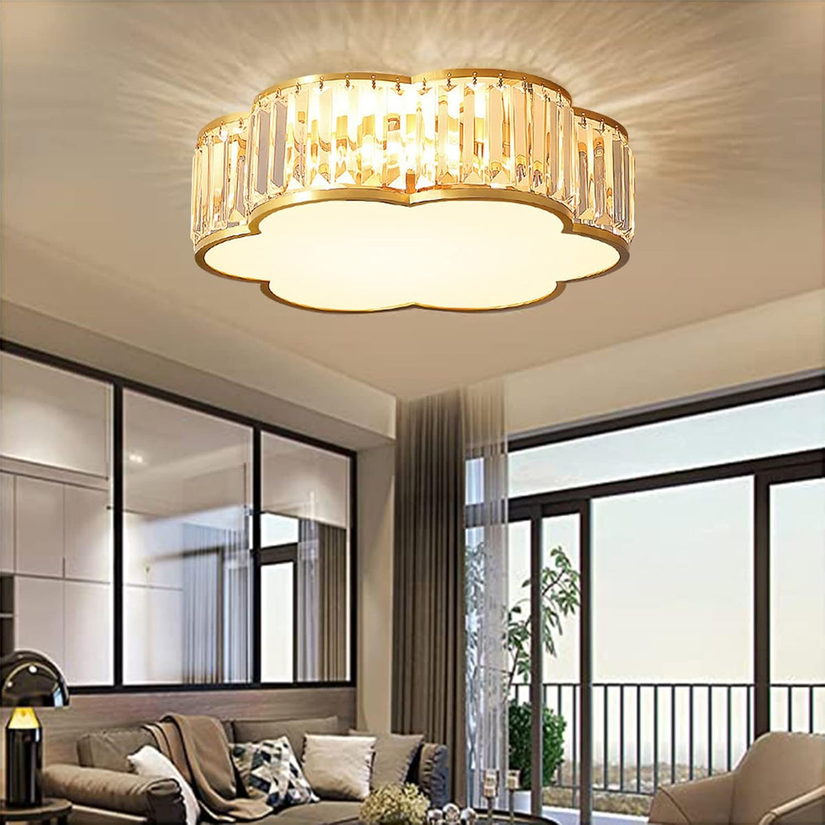 Crystal Ceiling Light with Dimmable LED, Flower Flush Mount Lighting for Bedroom, Living Room, Hallway (3000K-6000K)