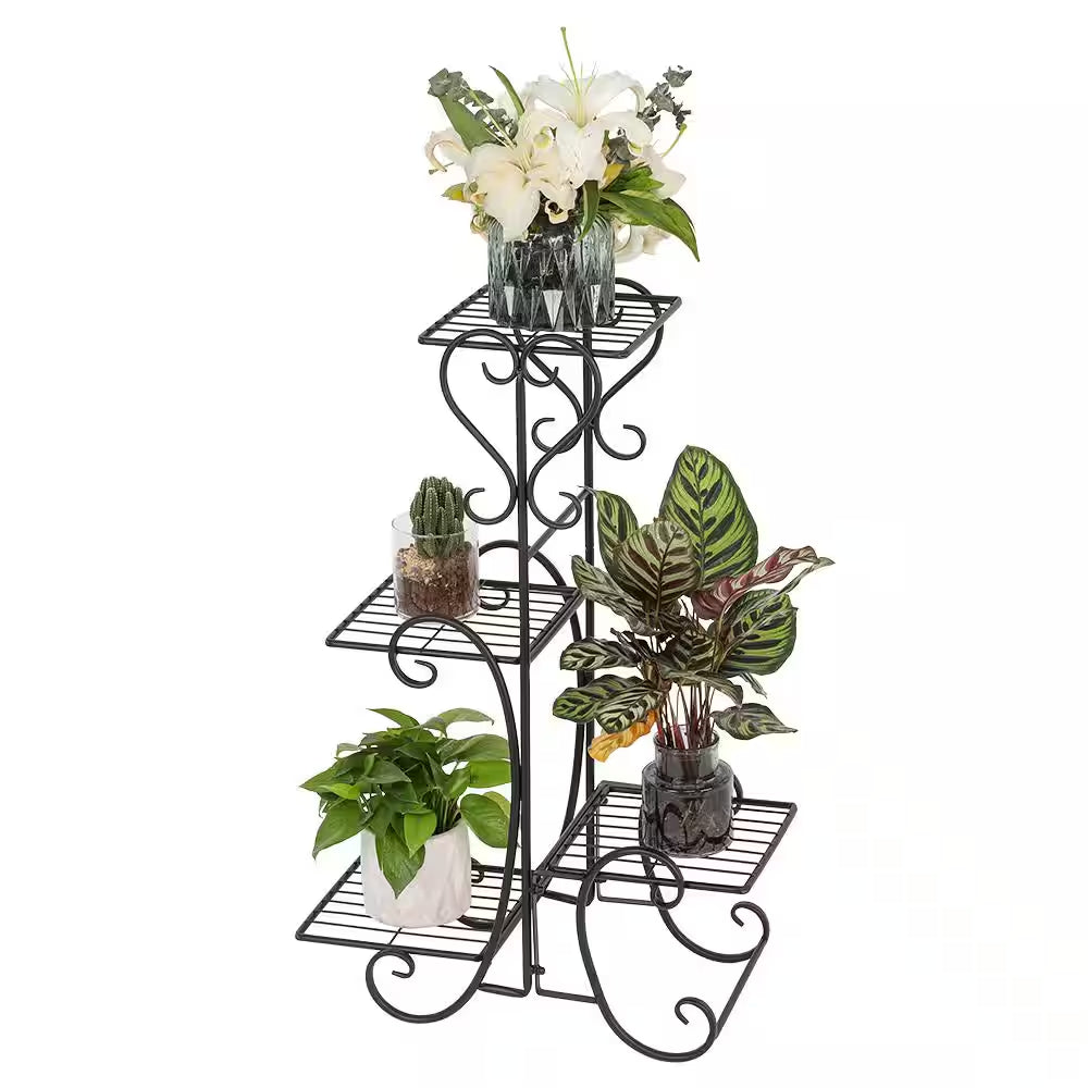 32 In. Tall Indoor Outdoor Garden Black Metal 4 Potted Square Flower Shelves Plant Pot Stand