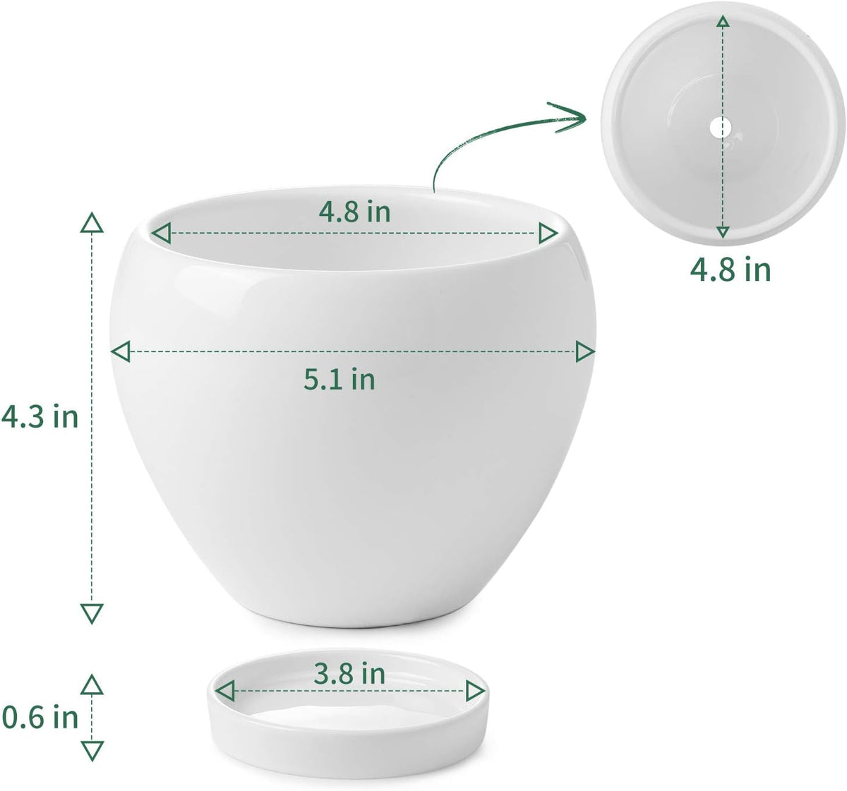 050601 Ceramic Plant Pot Planter - 4.8 Inch White Planters for Indoor Plants Flower Succulent with Drainage Hole Saucer