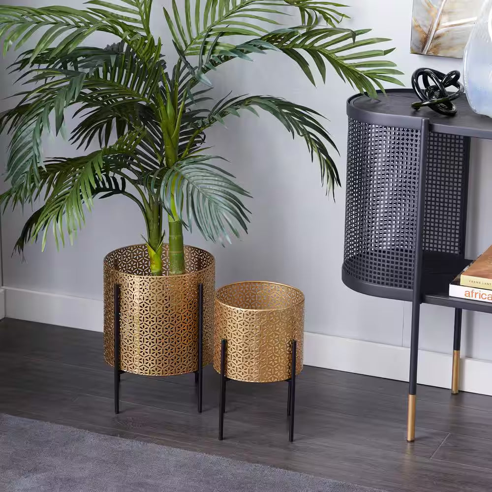 15 In., and 14 In. Medium Gold Metal Indoor Outdoor Planter with Removable Stand (2- Pack)