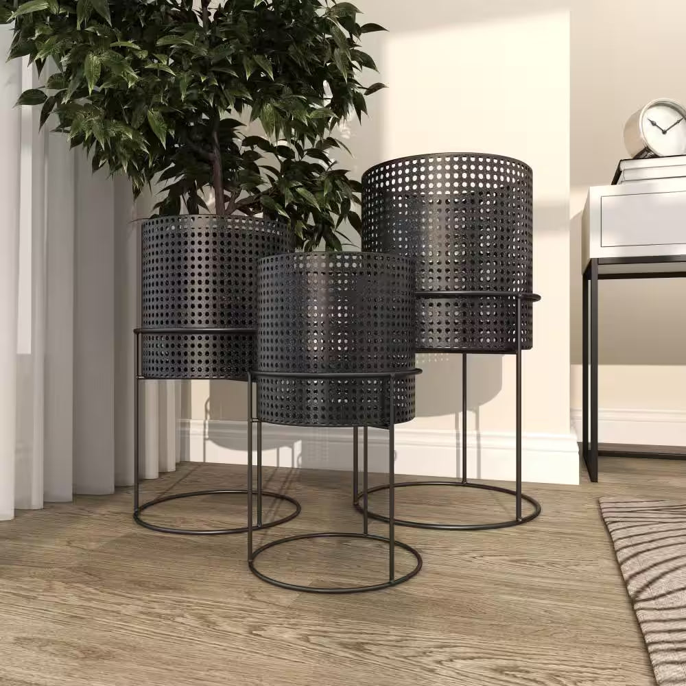 23 In., 19 In., and 15 In. Large Black Metal Indoor Outdoor Woven Planter with Removeable Stands (3- Pack)