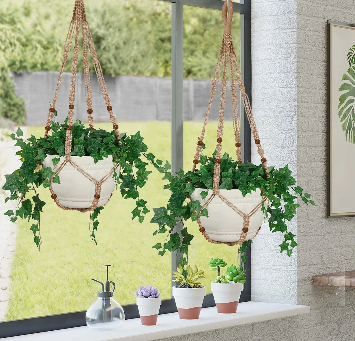 2PACK 43 Inches Macrame Planter Hanger Large for up to 12 Inch Pot + Swag Hook | Extra Long, No Tassel, Jute Rope | Hanging Planter for Indoor Plants, No Pot/Plant Included (Brown)