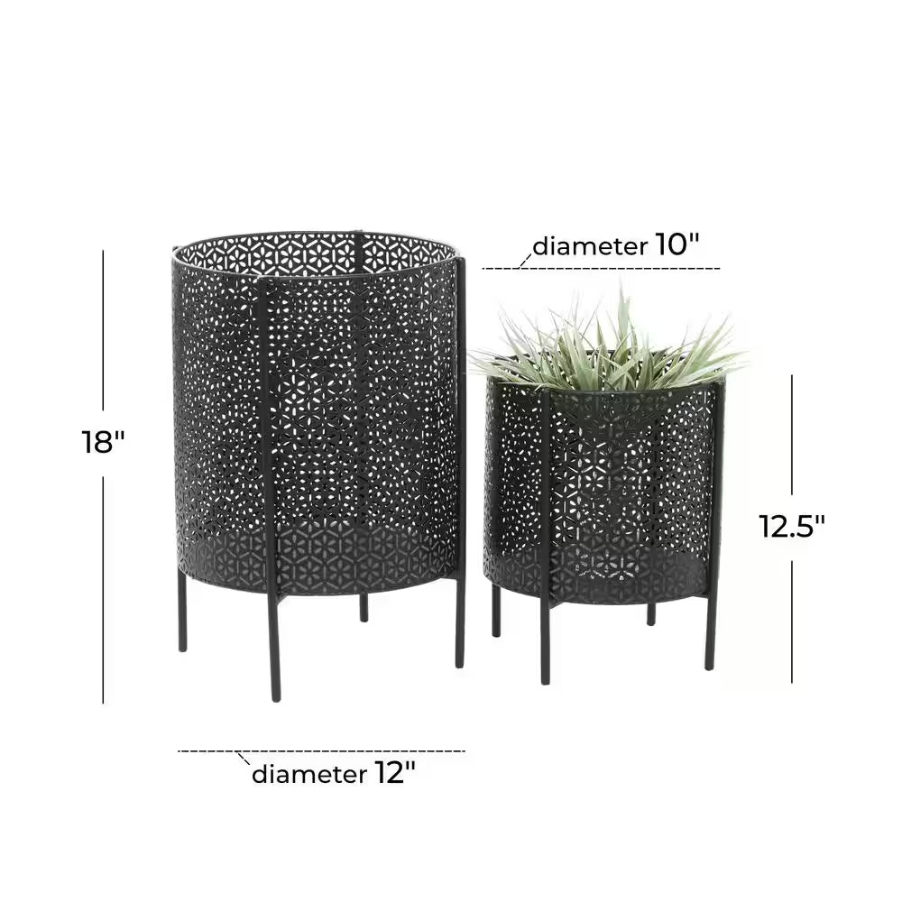 18 In., and 12 In. Medium Black Metal Indoor Outdoor Planter with Removable Stand (2- Pack)