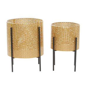 15 In., and 14 In. Medium Gold Metal Indoor Outdoor Planter with Removable Stand (2- Pack)