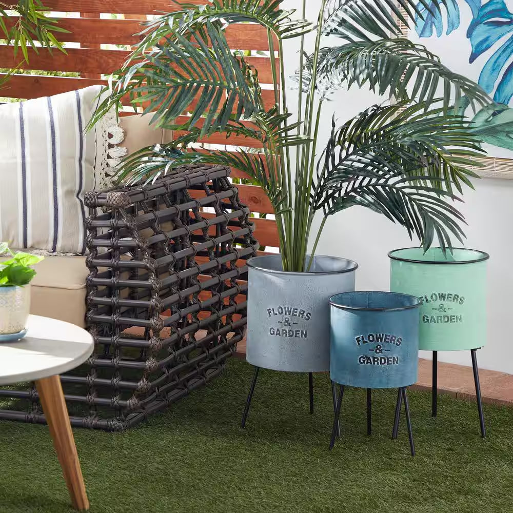 20 In., 18 In., and 16 In. Large Multi Colored Metal Indoor Outdoor Planter with Flowers and Garden Text (3- Pack)