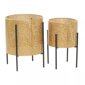 15 In., and 14 In. Medium Gold Metal Indoor Outdoor Planter with Removable Stand (2- Pack)