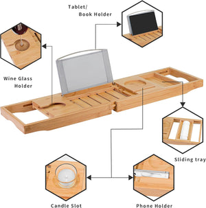 Bamboo Bathtub Caddy Tray Bath Tray for Tub, Adjustable Bathroom Bathtub Organizer with Book Tablet Wine Glass Cup Towel Holder