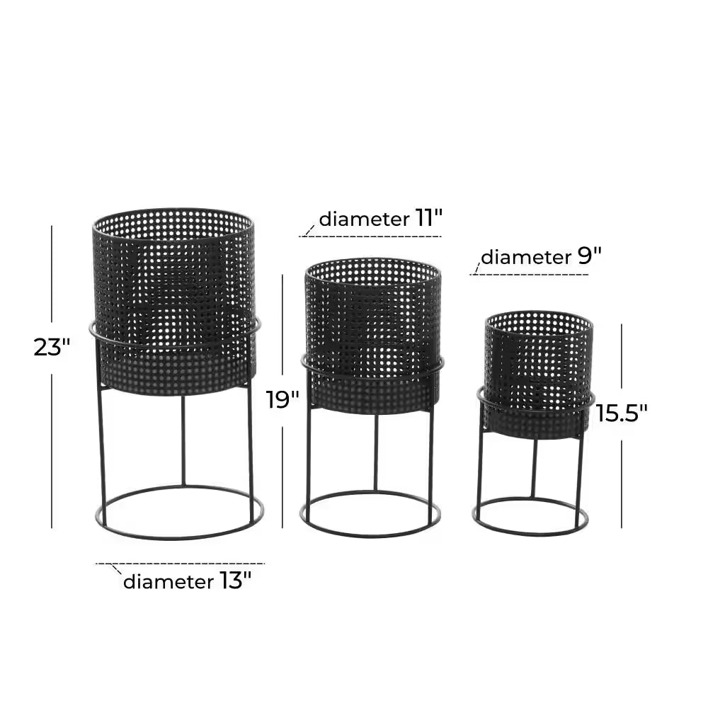 23 In., 19 In., and 15 In. Large Black Metal Indoor Outdoor Woven Planter with Removeable Stands (3- Pack)
