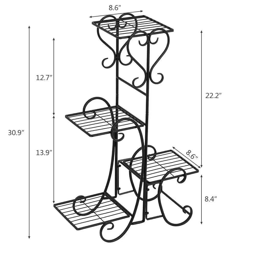 32 In. Tall Indoor Outdoor Garden Black Metal 4 Potted Square Flower Shelves Plant Pot Stand