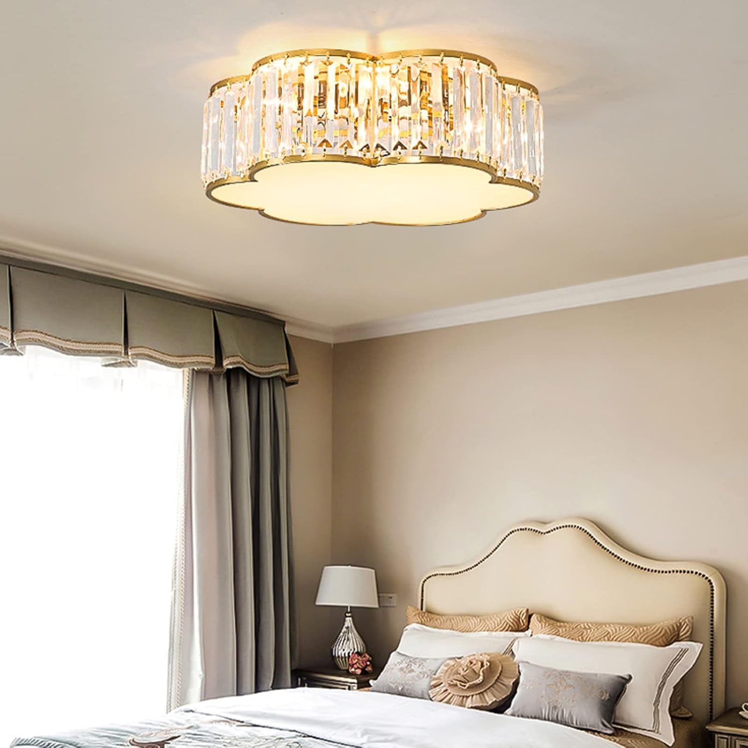 Crystal Ceiling Light with Dimmable LED, Flower Flush Mount Lighting for Bedroom, Living Room, Hallway (3000K-6000K)