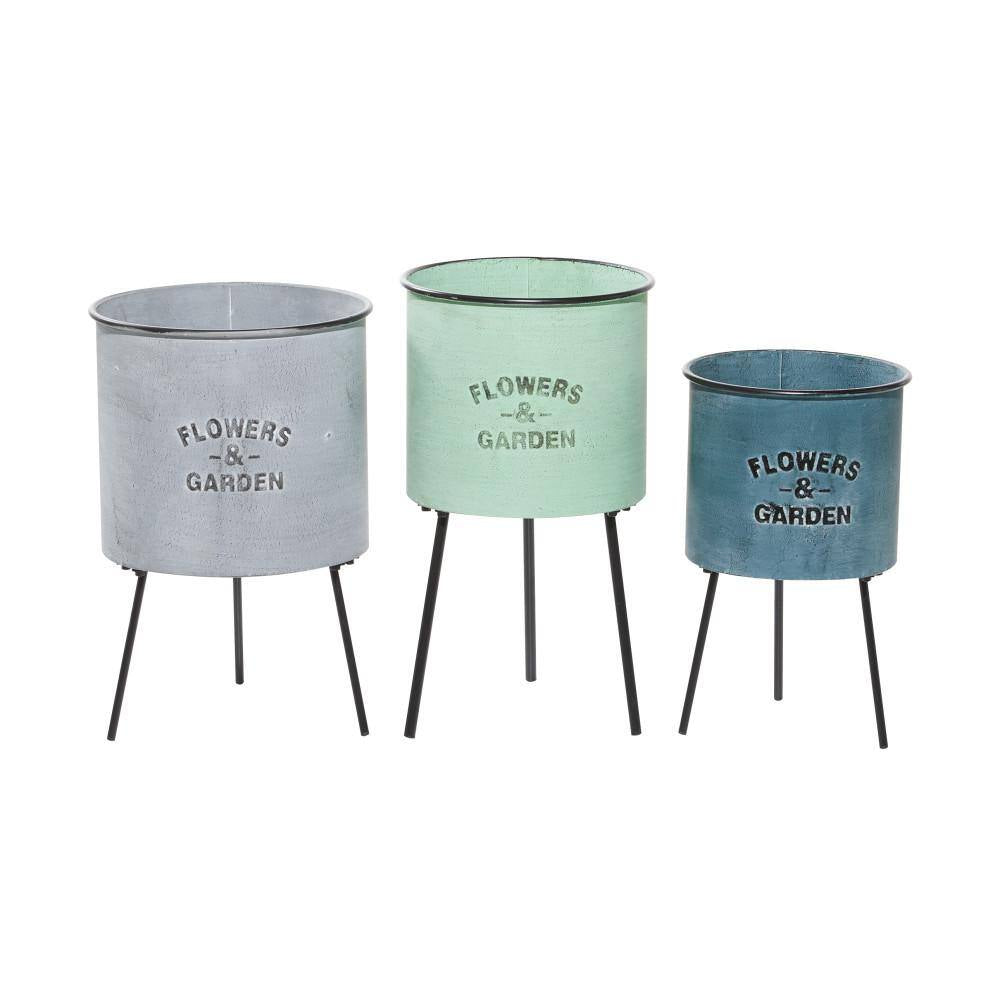 20 In., 18 In., and 16 In. Large Multi Colored Metal Indoor Outdoor Planter with Flowers and Garden Text (3- Pack)