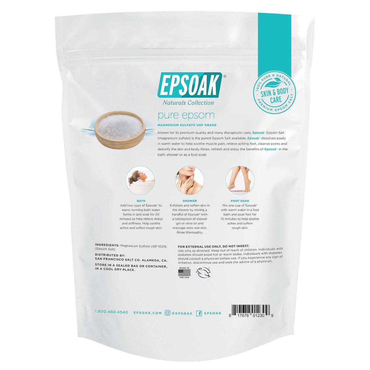 Epsom Salt 5 Lb Resealable Bulk Bag, Magnesium Sulfate USP. Unscented, Made in the USA, Cruelty-Free Certified