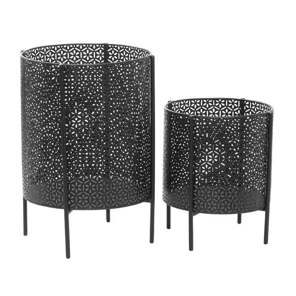 18 In., and 12 In. Medium Black Metal Indoor Outdoor Planter with Removable Stand (2- Pack)