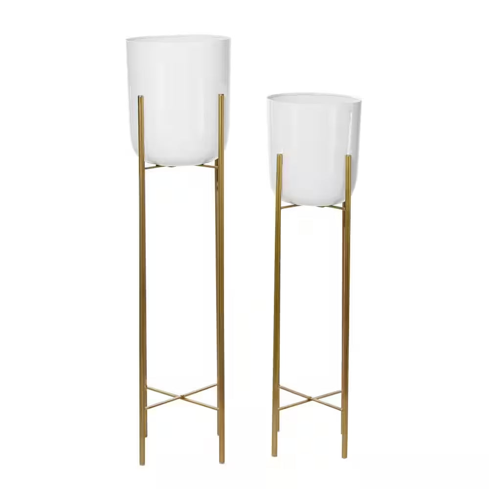 46 In., and 39 In. Oversized White Metal Indoor Outdoor Dome Planter with Removable Stand (2- Pack)
