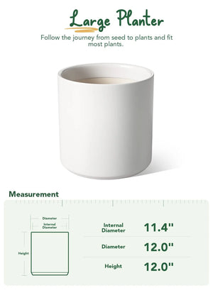 12" Ceramic Plant Pot, Large Indoor Outdoor Planter for Plants, Mid-Century Modern White Flower Pot with Drainage Hole and Plug (Plant Not Included)