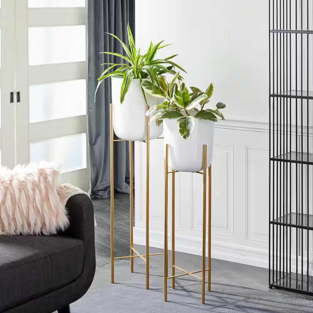 46 In., and 39 In. Oversized White Metal Indoor Outdoor Dome Planter with Removable Stand (2- Pack)