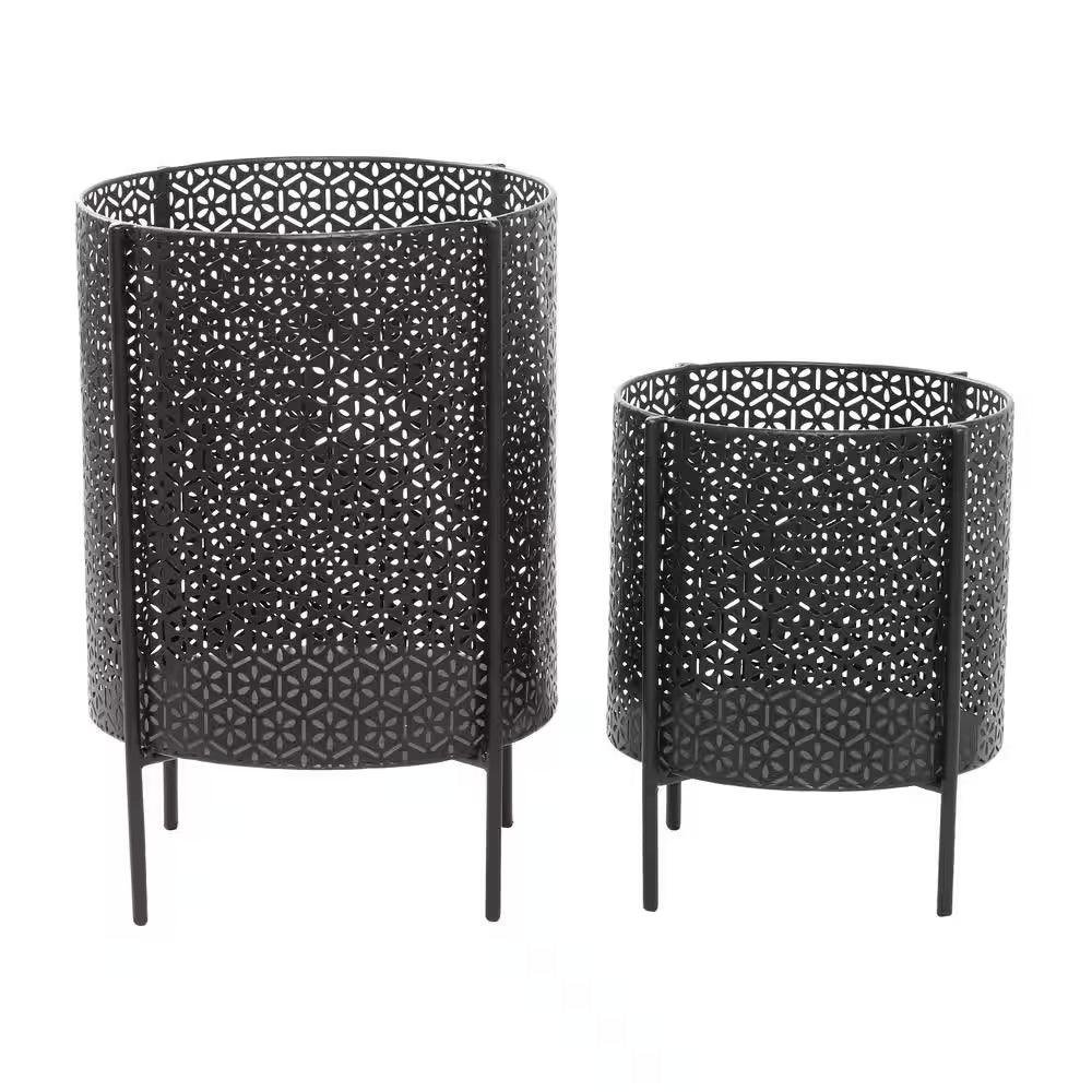 18 In., and 12 In. Medium Black Metal Indoor Outdoor Planter with Removable Stand (2- Pack)