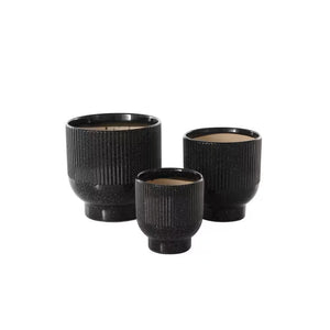 9 In., 8 In. and 6 In. Small Black Ceramic Speckled Planter with Linear Grooves and Tapered Bases (3-Pack)
