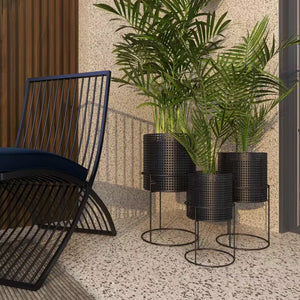 23 In., 19 In., and 15 In. Large Black Metal Indoor Outdoor Woven Planter with Removeable Stands (3- Pack)