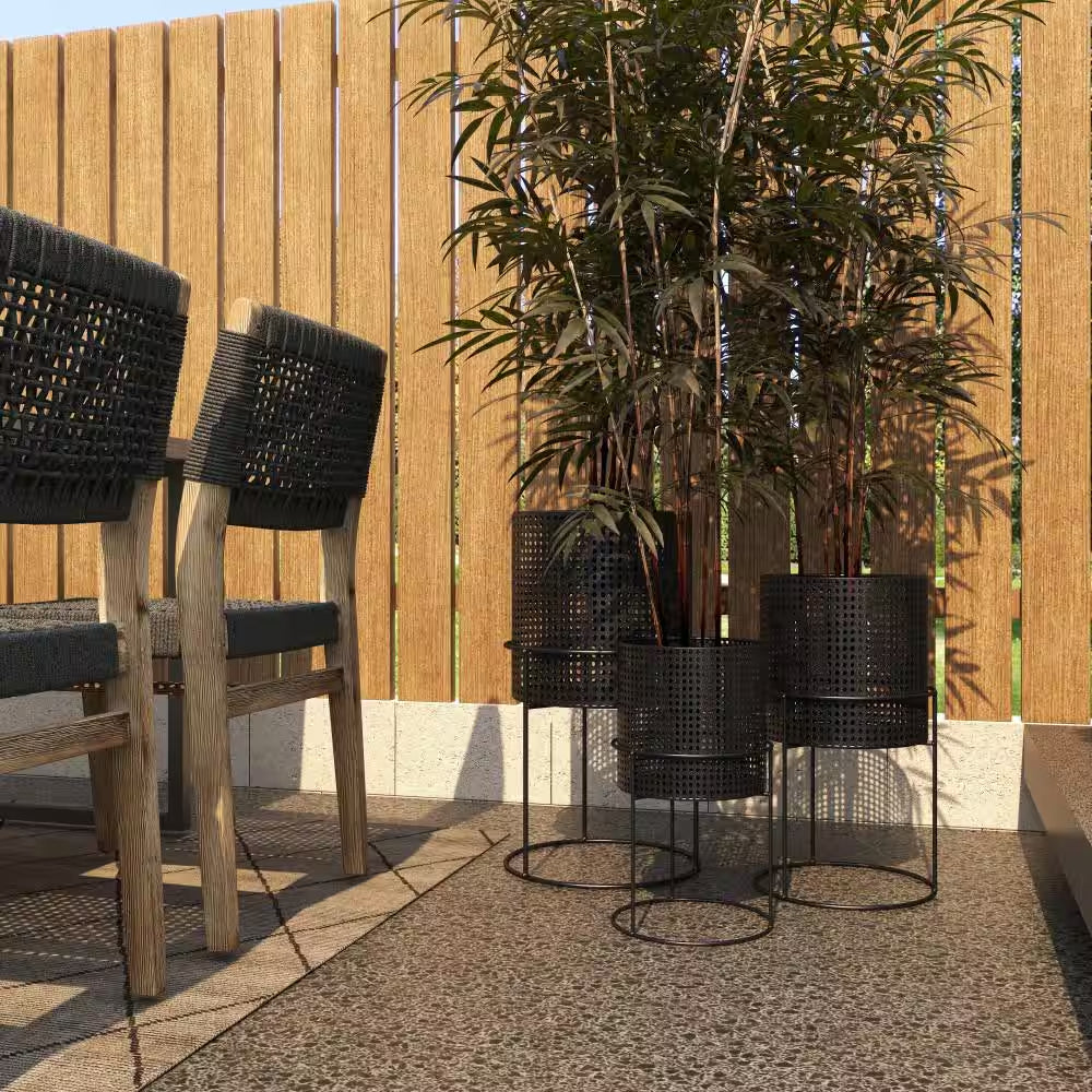 23 In., 19 In., and 15 In. Large Black Metal Indoor Outdoor Woven Planter with Removeable Stands (3- Pack)