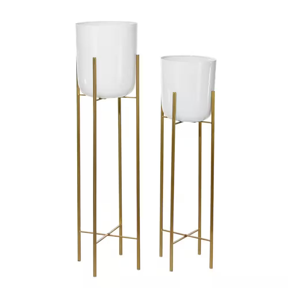 46 In., and 39 In. Oversized White Metal Indoor Outdoor Dome Planter with Removable Stand (2- Pack)