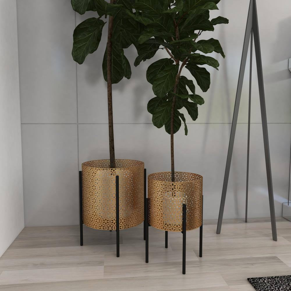 15 In., and 14 In. Medium Gold Metal Indoor Outdoor Planter with Removable Stand (2- Pack)