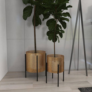 15 In., and 14 In. Medium Gold Metal Indoor Outdoor Planter with Removable Stand (2- Pack)