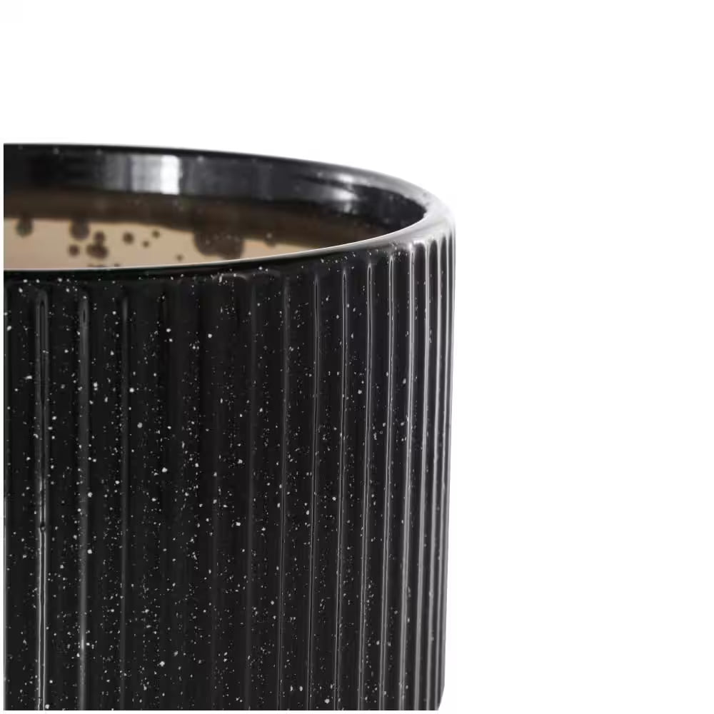 9 In., 8 In. and 6 In. Small Black Ceramic Speckled Planter with Linear Grooves and Tapered Bases (3-Pack)
