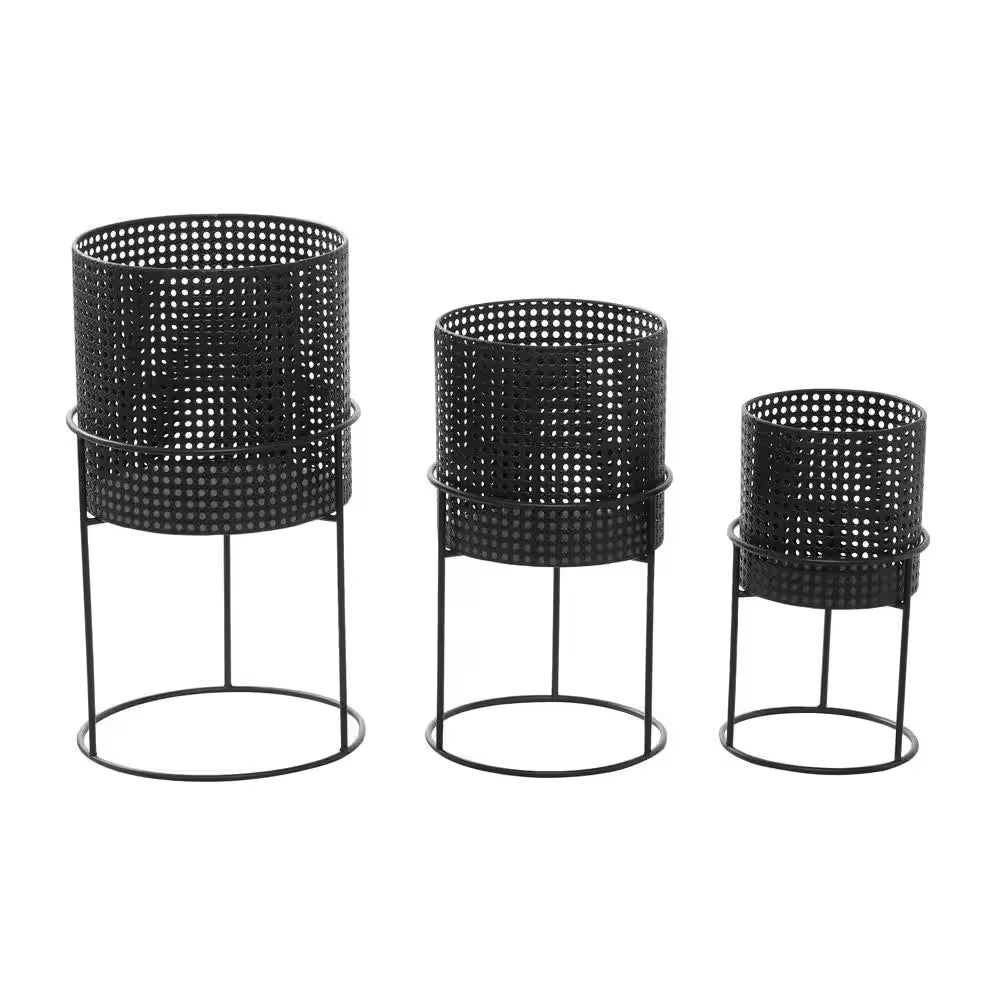 23 In., 19 In., and 15 In. Large Black Metal Indoor Outdoor Woven Planter with Removeable Stands (3- Pack)