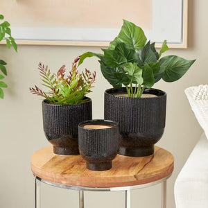 9 In., 8 In. and 6 In. Small Black Ceramic Speckled Planter with Linear Grooves and Tapered Bases (3-Pack)