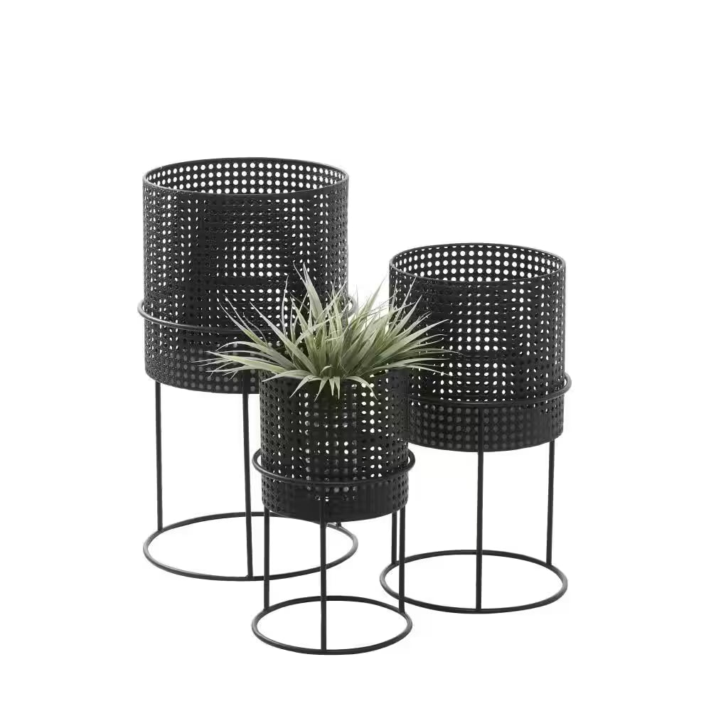 23 In., 19 In., and 15 In. Large Black Metal Indoor Outdoor Woven Planter with Removeable Stands (3- Pack)