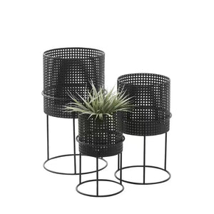 23 In., 19 In., and 15 In. Large Black Metal Indoor Outdoor Woven Planter with Removeable Stands (3- Pack)