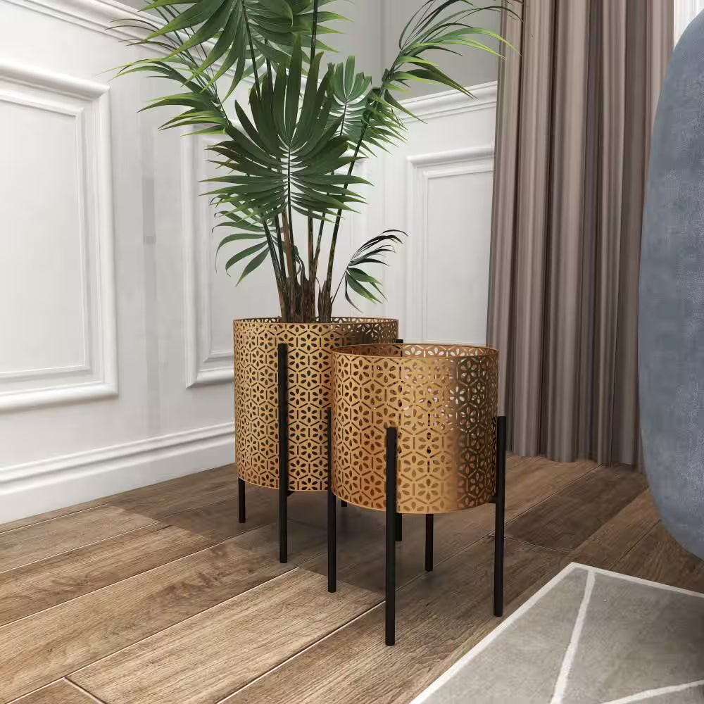 15 In., and 14 In. Medium Gold Metal Indoor Outdoor Planter with Removable Stand (2- Pack)