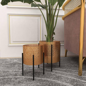 15 In., and 14 In. Medium Gold Metal Indoor Outdoor Planter with Removable Stand (2- Pack)