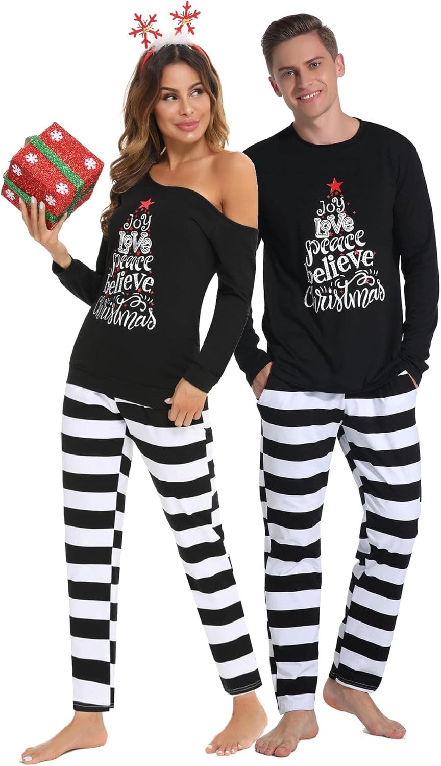 Christmas Couple Pajamasmatching Sets Adults Long Sleeve Set Xmas Striped Pajamas Men Women Plaid Pjs Sleepwear