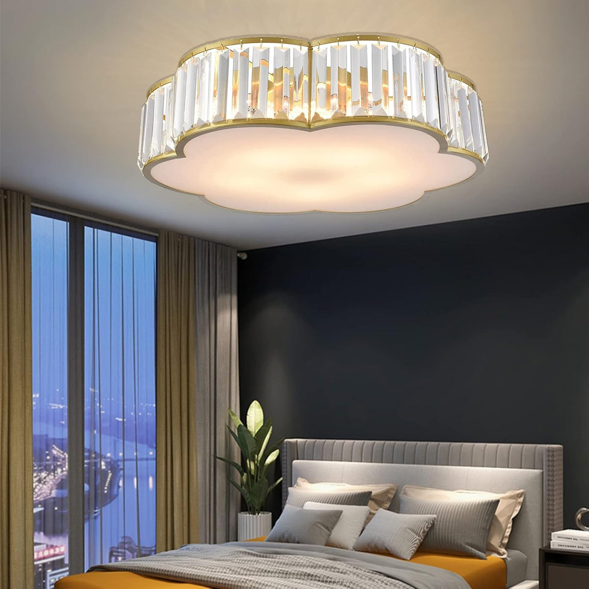 Crystal Ceiling Light with Dimmable LED, Flower Flush Mount Lighting for Bedroom, Living Room, Hallway (3000K-6000K)