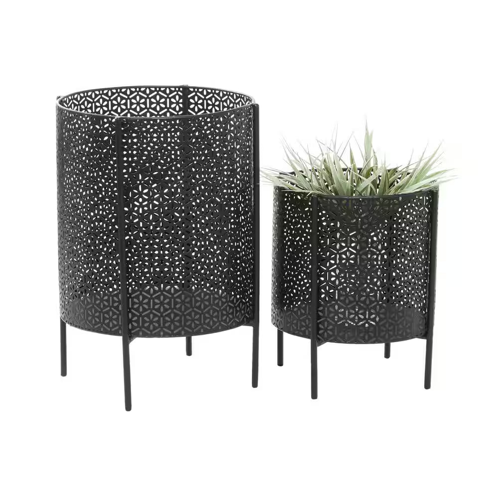 18 In., and 12 In. Medium Black Metal Indoor Outdoor Planter with Removable Stand (2- Pack)