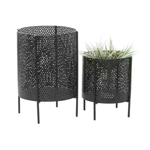 18 In., and 12 In. Medium Black Metal Indoor Outdoor Planter with Removable Stand (2- Pack)